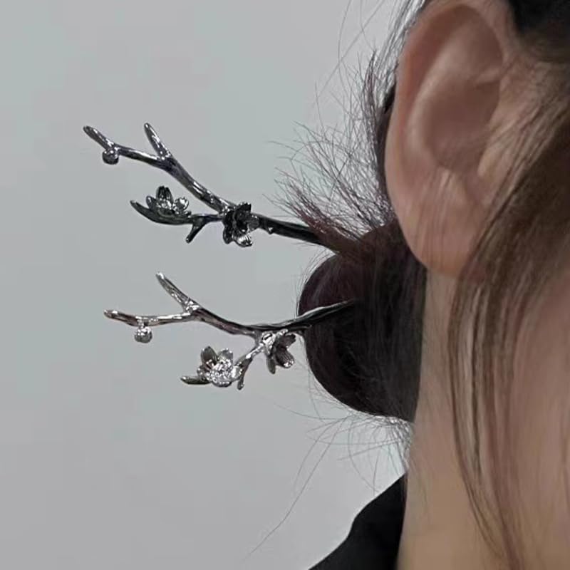 Vintage Retro Hair Stick Hairpin Long Hair Pins Hair Chopsticks Chinese Hair Sticks for Buns 2Pcs Metal Hair Fork Hair Accessories for Women Girls Decorative for Hair (Silver & Black)