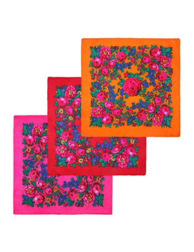 MJ SERECA Acrylic Bandana Printed Hair Scarf Square Ukrainian Head Scarf Floral Babushka Neck Scarf for Women 30"/42"/60" - color: 3 Pack-b 30"