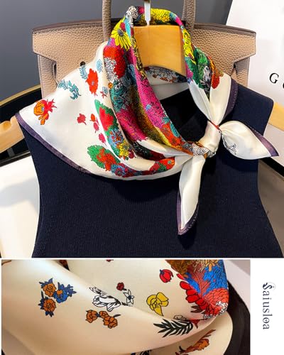 Saiusloa Neck Scarf For Womens Silky Head Scarves Hair Bandanas Square Scarf Fashion Accessories lightweight - color: 23-white Flower Pony
