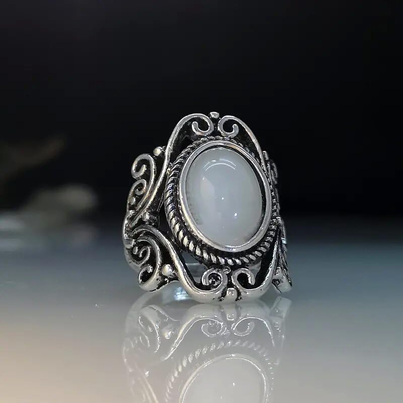 JerMrasra 925 Sterling Silver Vintage Natural Moonstone Rings Antique Boho Ladies Jewelry Elegant Gemstone Wedding Rings Geometric Cut-Out Filigree Women’s Ring Cocktail Party Rings 10 - size: 10
