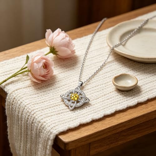 Mystical Birthstone Witches Knot Necklace – Natural Crystal Celtic Pendant, Wiccan Pagan Jewelry Gift for Women - color: November