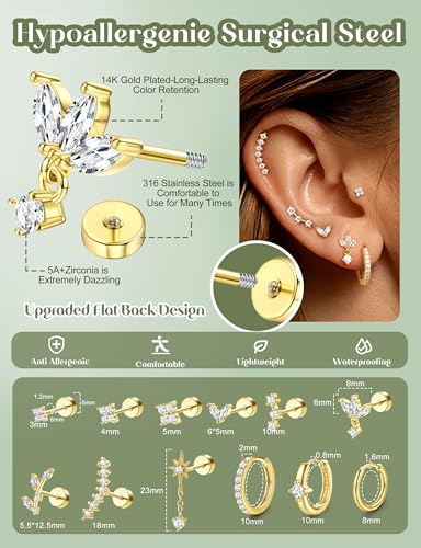 ORAZIO 16 Gauge Cartilage Earrings for Women Flat Back Hypoallergenic Surgical Steel Small Flatback Stud Hoop Cartilage Earring Stack Set Daith Conch Tragus Helix Piercing Jewelry Single PC - color: 14K Gold Plated