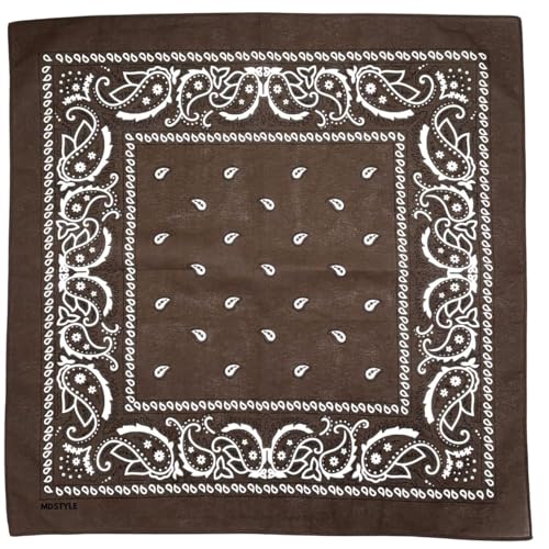 MDSTYLE 100% Cotton Bandana for Men & Women 22" x 22" Paisley Pattern Handkerchief Headband Scarf - color: Brown