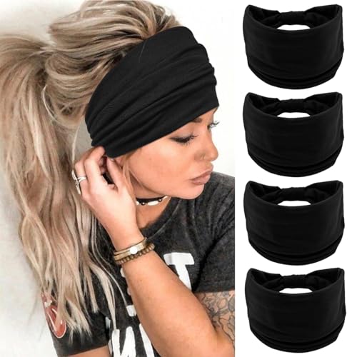 YONUF Wide Boho Headbands for Women Fashion Knotted Headband Yoga Workout Hair Accessories African Head Wrap Black 4 Pack - color: Black