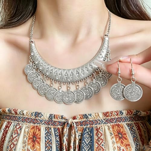 FUTIMELY Chunky Coin Necklace Earrings Set,Bohemia Plated Gold Coin Tassel Personalized Choker Earrings,Ethnic Gypsy Statement Jewelry Set for Women - color: Silver