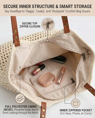 Crochet Beach Bags for Women, Reinforced Strap Woven Tote Bag with Zipper, Lined Boho Summer Vacation Travel Purse - color: Beige