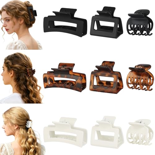 CHANDAT Medium Claw Hair Clips Set for Women - 3 Styles, 9PCS Rectangle Hair Clips for Thick Hair, Square Clips for Thin Hair - Deep Leopard - color: Deep Leopard