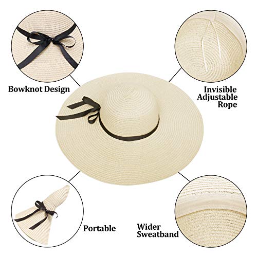 Double Couple Womens Straw Hat Wide Brim Floppy Beach Sun Hat for Women UPF 50+ Adjustable Strap Vacation - color: Bowknot&light Khaki