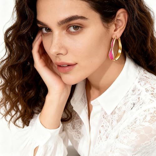 Chunky Hoop Earrings for Women Thick Minimalist Geometric Huggie Hoop Earrings Dainty Thick Y2K Preppy Earrings - style: irregular wave hot pink