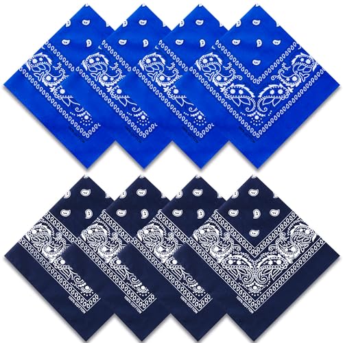 Raylarnia 8 PCS 100% Cotton Bandanas, 22 Inchs Multi-Purpose Bandana Scarfs Headbands for Men and Women - color: 4-navy Blue/4-royal Blue