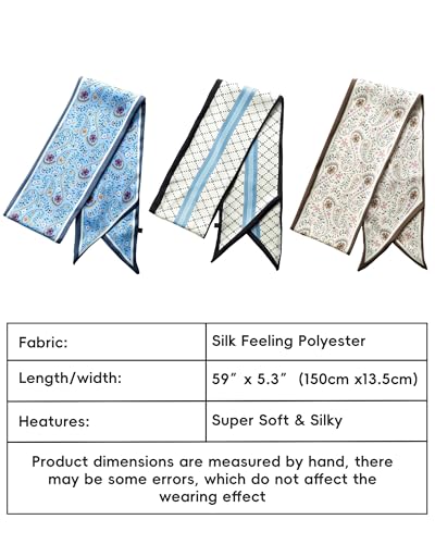 Raylarnia 3 Pack Satin Purse Bag Scarf for Women 59”Long Silky Scarves for Neck,Hair,Head,Handbag,Fashion Gift Set - color: Blue/Off-white (Paisley/Diamond Pattern)