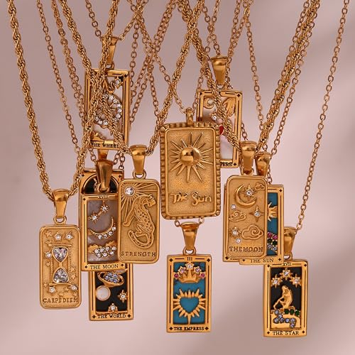 Gold Tarot Card Necklace for Women Men, Non Tarnish 18K Gold Plated Vintage Lucky Charm Square Pendant Talisman Amulet Necklaces Unisex Jewelry - style: The Star