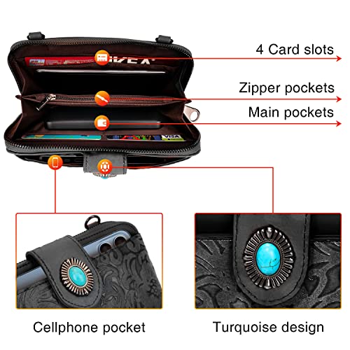 LAVAWA Women's Crossbody Handbag Small Vintage, Ladies Wallet Western Adjustable Phone Purse Clutch Turquoise Concho Embossed - color: Black