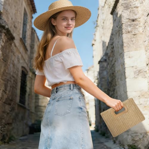 Beach Clutch Bag Straw Summer Clutch Purses for Women Handmade Woven Purse Detachable Gold Chain, Crossbody - color: Khaki
