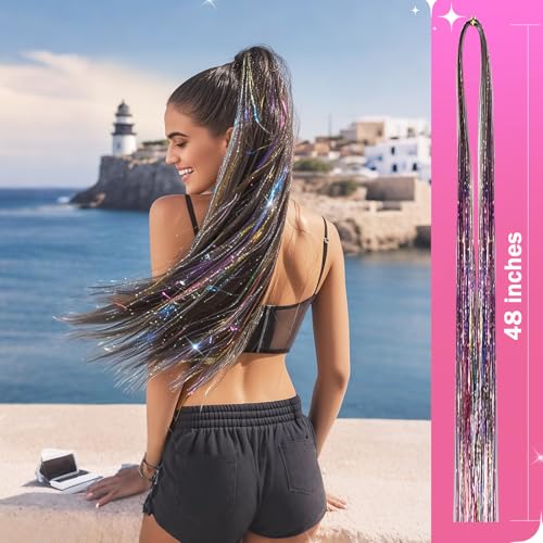 NIACONN Glitter Hair Tinsel Extensions Kit Rainbow Color with Tools and Beads, 48 Inch Sparkly Fairy Colorful Tensile Strands Shiny Hair Accessories for Women Girls Kids - color: Rainbow