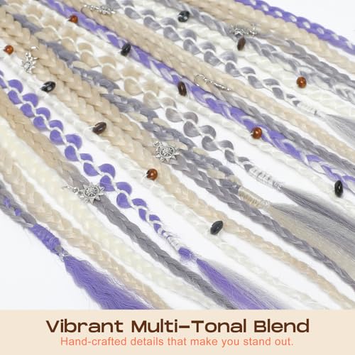 SEIKEA Boho Braided Ponytail Extension on Hair Tie, 16" Full Volume Lightweight Viking Dreadlock Ponytail Braid in Dreadlock Extensions with Beads and Shells, Festival Hair Accessories for Women Girls - color: Pastel Fairycore Lilac