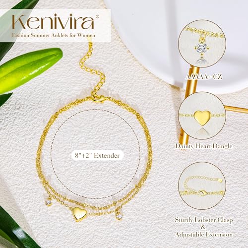 Kenivira Sterling Silver Ankle Bracelets for Women Dainty Non Tarnish Gold Layered CZ Heart Charm Anklets for Women Waterproof Adjustable Chain Anklet Cute Summer Beach Jewelry Gift - color: gold cz heart