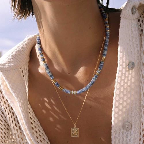 KissYan Boho Beaded Choker Necklace for Women, Gemstone Choker Natural Stone Freshwater Pearl Surfer Necklaces 14K Gold Plated Summer Beach Handmade Jewelry - color: S-Dark Blue