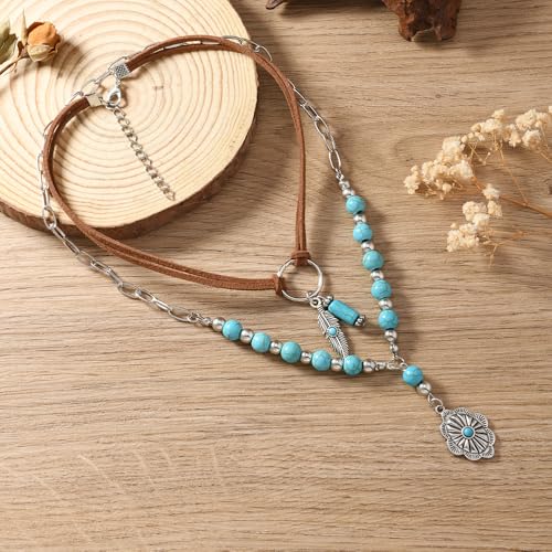 ONLYJUMP Boho Turquoise Leather Choker Necklace for Women Bohemian Handmade Leaf Layered Black Brown Suede Western Cowlady Necklace Western Country Party Jewelry Gifts - style: Feather