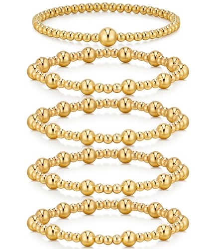doubgood Gold Bracelets for Women, 5 Piece 14K Gold Plated Bracelet Stack Beaded Ball Jewelry Sets Gifts for Women - color: Style 3-Gold-7.25IN