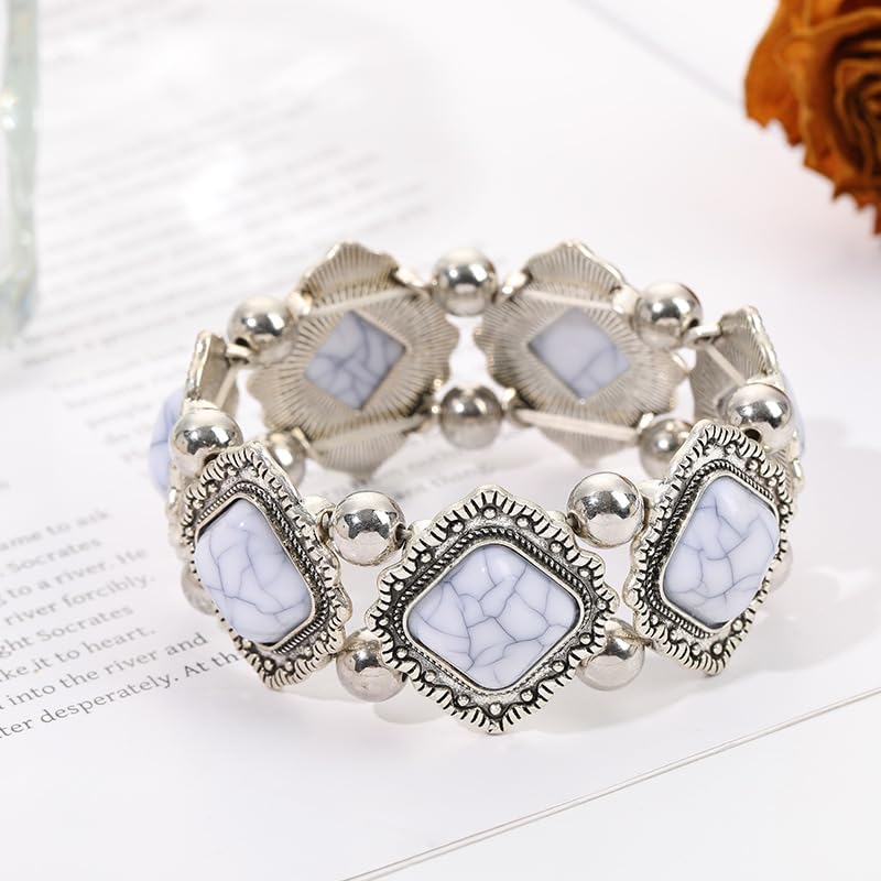 Turquoise Beaded Stretch Bracelets Bohemian Stackable Bracelets Y2K Summer Beach Bracelets Jewelry for Women - color: White