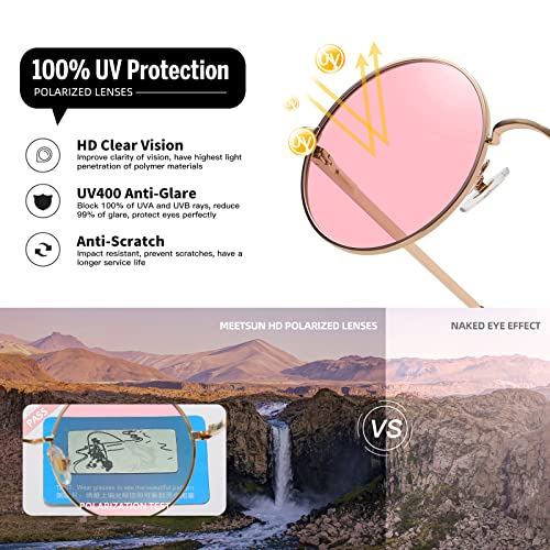 MEETSUN Small Round Polarized Sunglasses for Men Women Metal Retro Hippie Circle Sun Glasses Driving Festival Cosplay UV400 - color: Gold / Pink