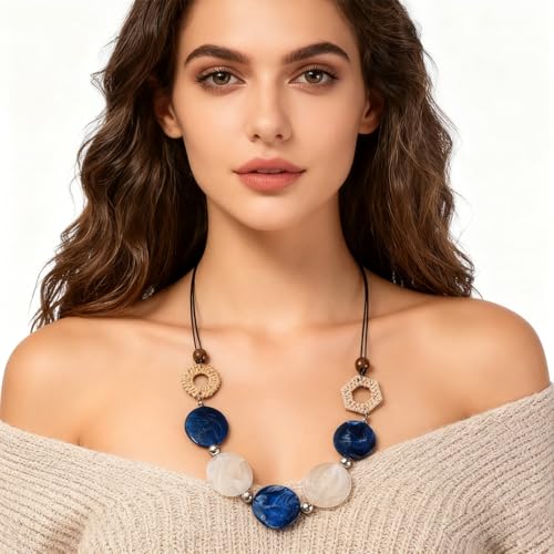 Chunky Acrylic Beaded Necklace for Women Colorful Acrylic Beaded Choker Round Beads Statement Necklace Fashion Jewelry - color: Blue
