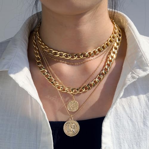 Gold Stack Necklace Chunky Necklaces for Women Trendy Coin Pendant Long Necklaces Western Jewelry for Women Cowgirl Cowboy Chic Country Outfit Boho Accessories Birthday Jewelry Gifts - color: F Gold Layered Chunky Necklaces