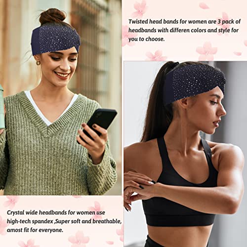 Rhinestone Boho Headbands, 3 Pack Crystal Stretch Turban Headbands with African Cotton Fabric - Fashion Hair Scarfs - color: Navy & Black & Burgundy