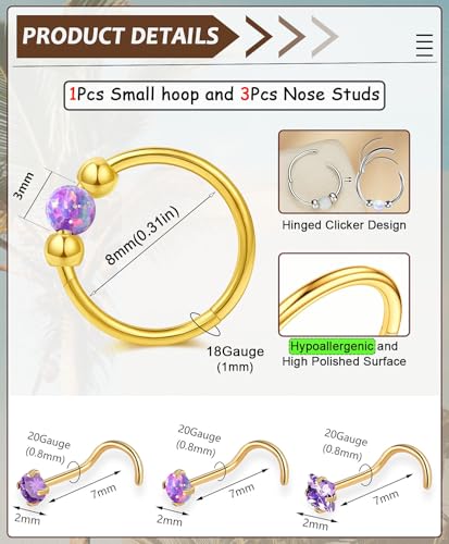 Opal Nose Ring Studs Horseshoe Nose Rings Hoops Stud 316L Stainless Steel Nose Rings Round CZ Square Screw L Shaped Nose Stud Hypoallergenic Nostril Piercing Jewelry for Women Men - color: Gold/Purple gem/18g 8mm hoop/Screw Studs