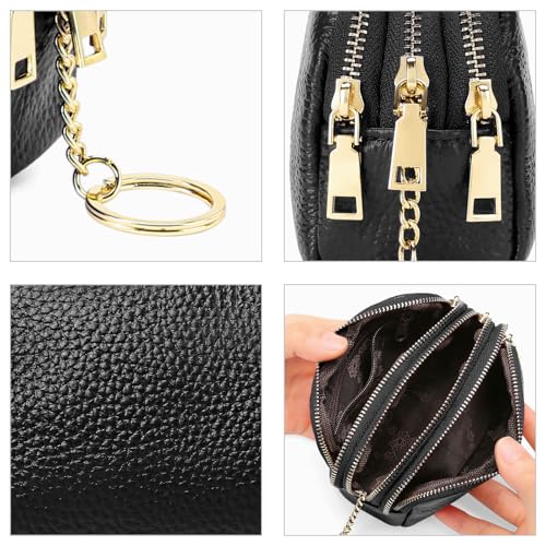 SENDEFN Small Coin Purse Leather 3 Zippered Change Pouch Wallet with Key Ring for Women - color: 1-Black