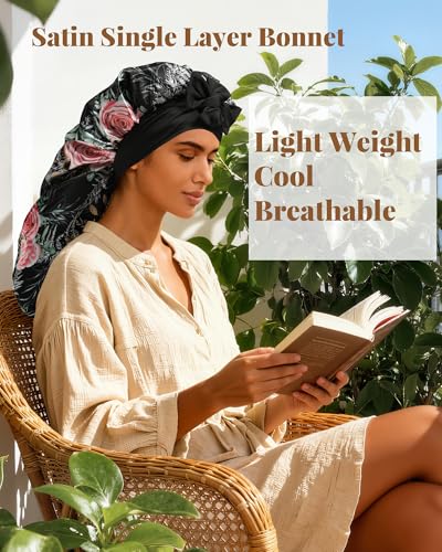 AWAYTR Long Satin Bonnet for Braids - Elastic Silk Hair Bonnets for Sleeping Night Cap Stretchy Tie Band for Women（Flower B） - color: Flower B