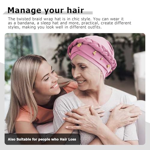 African Women Turban Caps Pre-Tied Twisted Turbans Head Scarf for Women Hair Wraps Cover Beanie Cancer Chemo Headwear - color: 1 Pack Twisted Braid: Gold Bead Pink