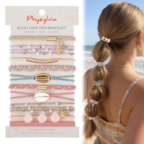 10 PCS Cute Hair Ties Bracelet for Women - 5 Styles Soft Braided Nylon Elastic Hair Bands No Damage Ponytail Holders - Pink Hair Accessories for Thick Thin Curly Hair with Gift Box - color: Pink