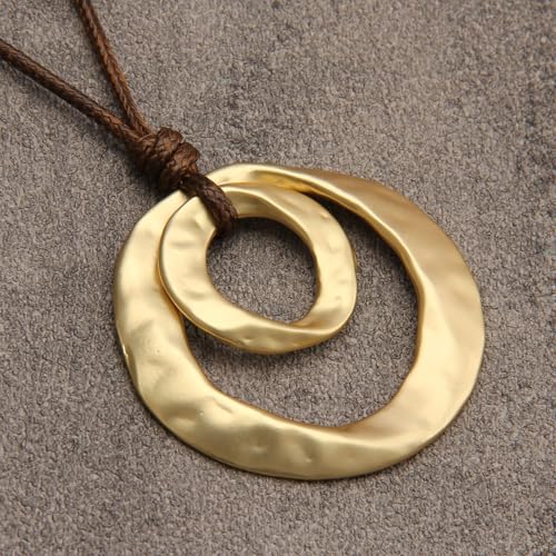 GelConnie Leather Necklace for Women Round Wooden Pendant Long Leather Choker Vintage Sweater Necklace Gold Chunky Boho Necklaces for Women - style: 2 Circles Gold Necklace