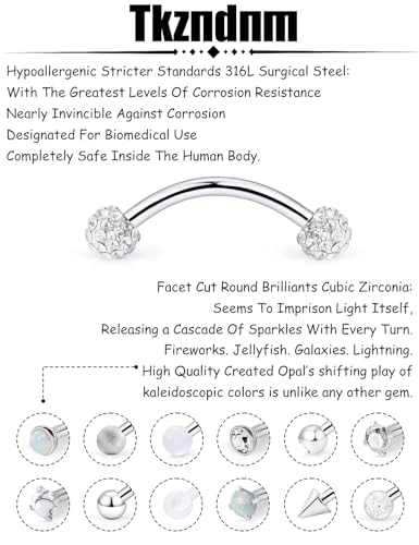 16g 8/10mm Silver/Black/Rose-Gold/Rainbow Eyebrow Piercing Jewelry Rings Curved Barbell Vertical Labret Lip Surgical Steel Small Belly Button Snake Eyes Tongue Rook Earrings for Women Men - color: Surgical Steel, size: 16g*8mm*3mm