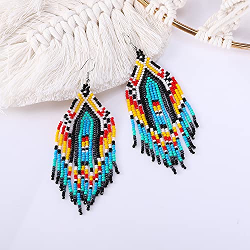 Long Beaded Tassel Earrings - Bohemia Colorful Bead Handmade Beaded Tassel Earrings，Gifts and Christmas - color: Classic blue