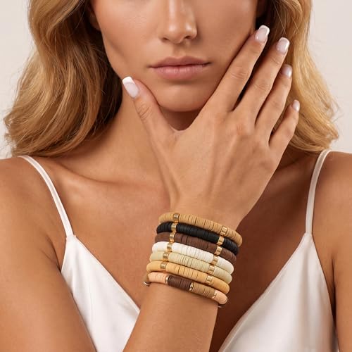 GOOJIDS Surfer Heishi Clay Bead Bracelets for Women Bohemian Stackable Gold Plated Beaded Stretch Bracelets Elastic Layering Friendship Bracelets Set Boho Jewelry - color: B-New Brown Color C
