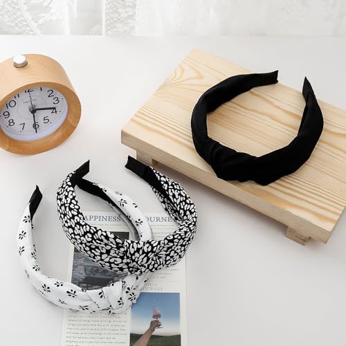 3-Piece Top Knotted Floral Pattern Headbands for Women & Girls, Cute Flower Print Knot Headband, Non Slip Fashion Hair Bands Hairbands (Black) - color: Black