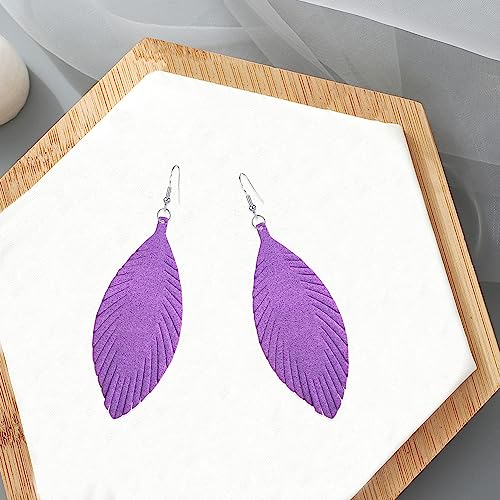 Large Genuine Soft leaf Leather Handmade Fringe Tassel Feather Lightweight Tear Drop Dangle Color Earrings for Women - color: Violet