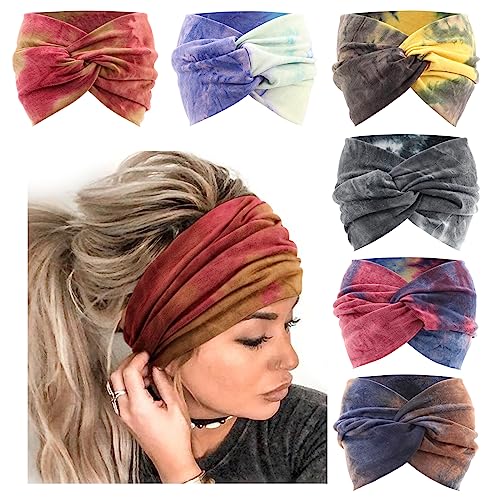 DRESHOW 6 Pack Extra Wide Headbands for Women Large Turban Headband Boho Head Wrap Elastic Hairbands Hair Twisted Knot Hair Accessories - color: 6 Pack: Fantasy Color