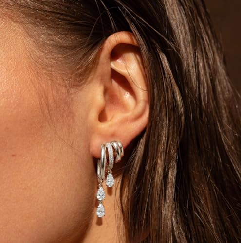 Triple Huggie Stacked Earrings for Women Gold Chain Drop Dangle Earrings Cute Statement CZ Earrings Trendy Dainty Jewelry Gift - color: Silver 1
