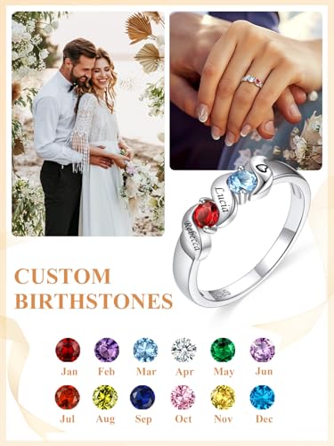 Custom4U Personalized Mothers Ring with 1-5 Birthstones Names Engraved 925 Sterling Silver/14K White Gold Plated Birthstone Rings for Women Promise Ring Birthday Jewelry Gifts for Mom Grandmother Wife - color: 2 Birthstones Ring (Engraved)
