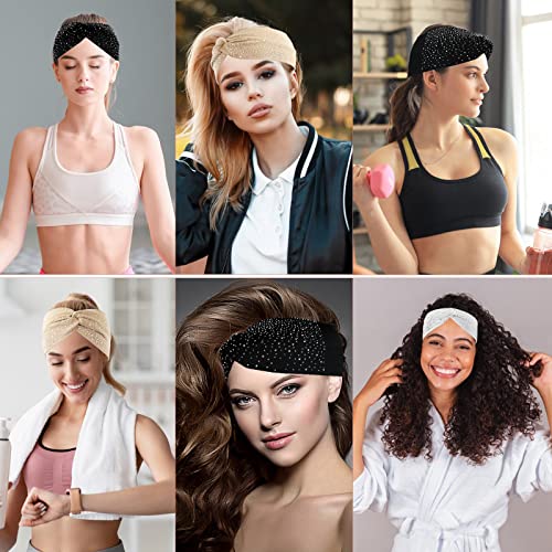 Sparkly Crystal Bling Fancy Headbands with Stretchy Elastic Head Wraps and Turban Scarf for Black Women - 3 Pcs - color: White & Khaki & Black