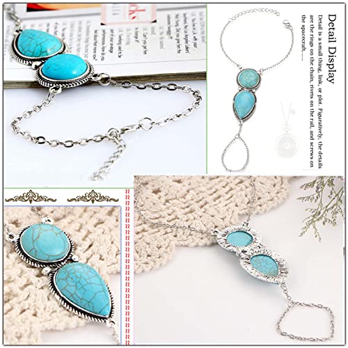 Boho Hand Chain Turquoise Finger Ring Ethnic Ring Vintage Turquoise Hand Harness Slave Bracelet Jewelry for Women