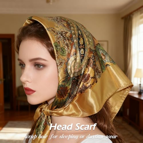 Ciormis 35" Silk Head Scarf for Women, 4 Pcs Satin Hair Scarf Square Silk Bandana Top Neck Scarves Hair Wraps for Sleeping - color: M1-cashew-set15