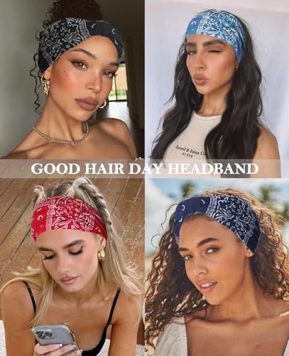 Artilady Wide Bandana Headbands for Women-Boho Bandeau Head Band Bohemian Paisley Red Headwrap Soft Athletic Elastic Sweat Non Slip Hair Bands for Curly Hair Accessories 6 PCS - color: Pattern
