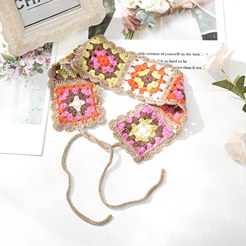 CHLINS Hairband, 3PCS Crochet Headband Women Floral Hairband - Elastic Handmade Crochet Head Wrap Bohemian knit Headband for Women and Girls (Square, Black + Beige + Khaki) - color: Square (Black + Beige + Khaki)