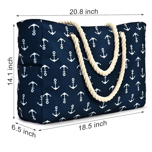 Becokan Beach Bag Large Beach Tote Bag for Women Waterproof Sandproof Swim Pool Bag With Zipper - color: Anchor