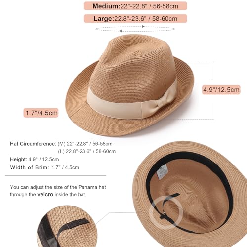 DRESHOW Women Straw Sun Hat Short Brim Panama Travel Fedora Summer Hat Roll Up Beach Cap for Women UPF 50+ - color: 1 Pack Rolled Hat: Khaki (Beige Band)
